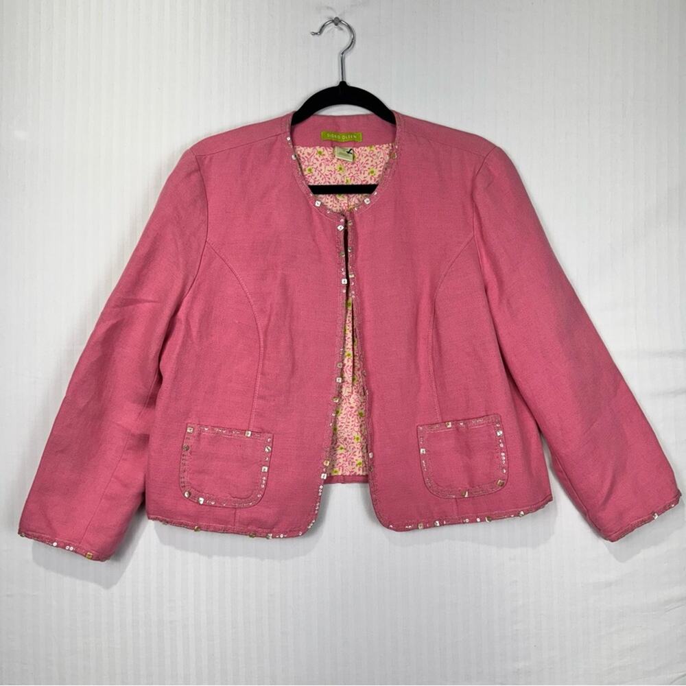 Sigurd Olsen Pink Linen Bead Embellished Cropped Blazer Jacket Petite Size 14